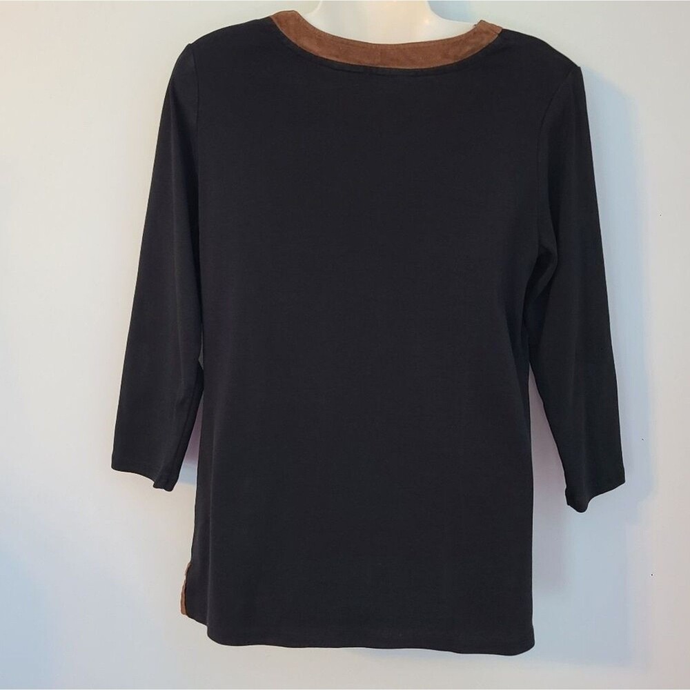 Lauren Ralph Lauren Womens L Tunic V-Neck Black Faux Suede Brown Trim Academia - Picture 2 of 13